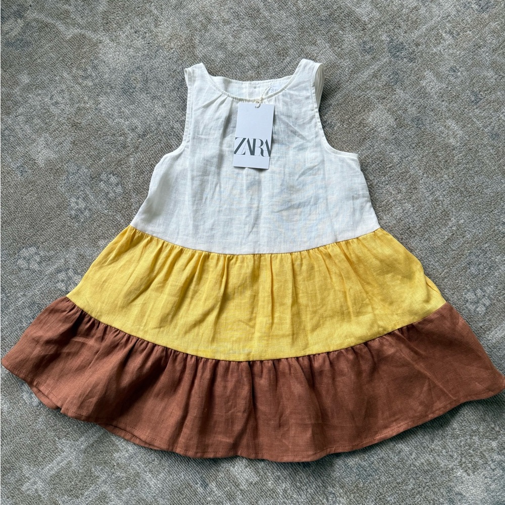 Zara Little Girls’ 100% Linen White, Yellow, and Brown Tiered Summer Dress